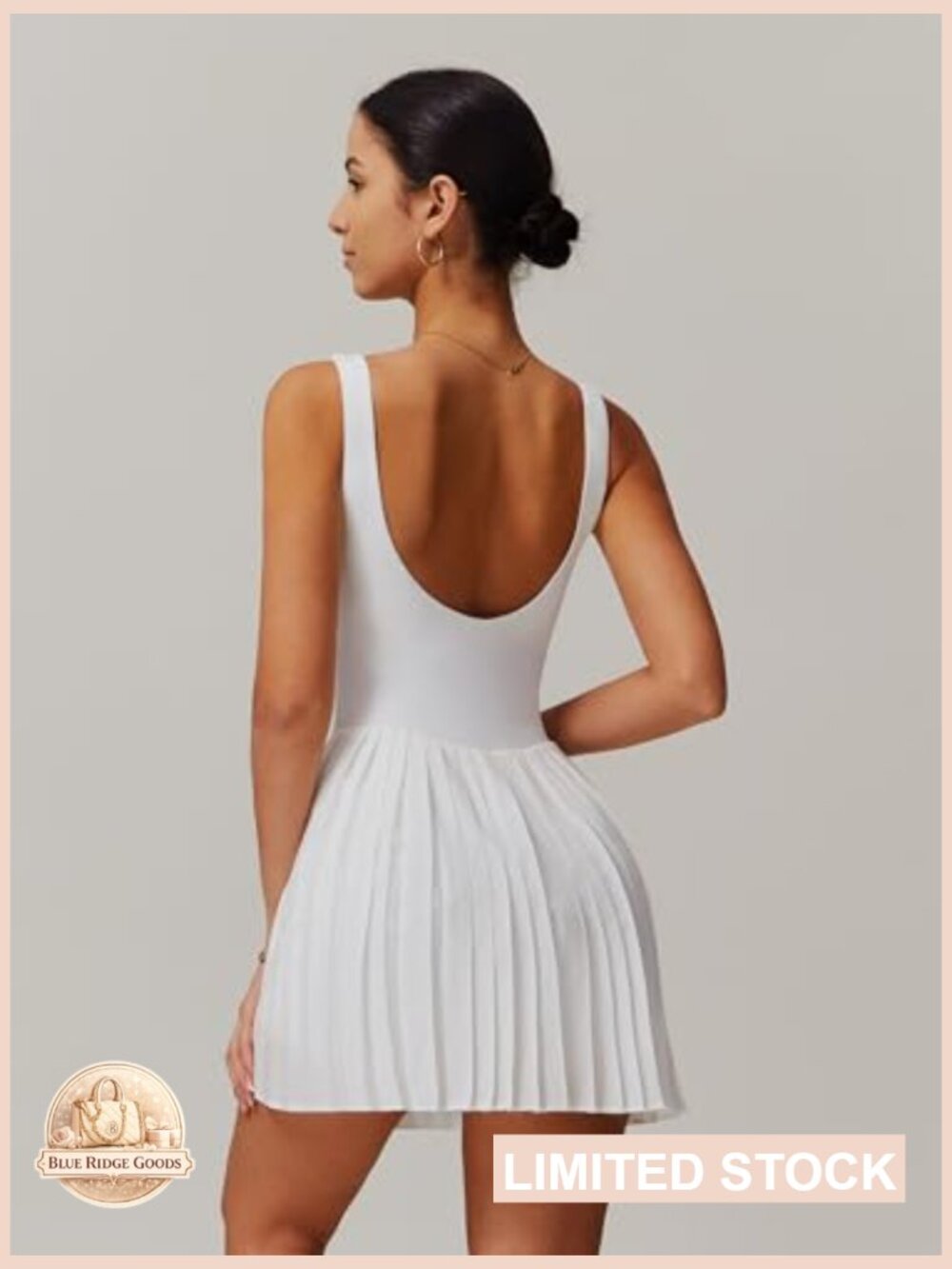 Square Neck Tennis Dress with Built-In Shorts and Pockets Pleated Backless - Picture 2 of 7